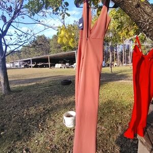 Flamingo meets mauve colored semi formal floor length dress